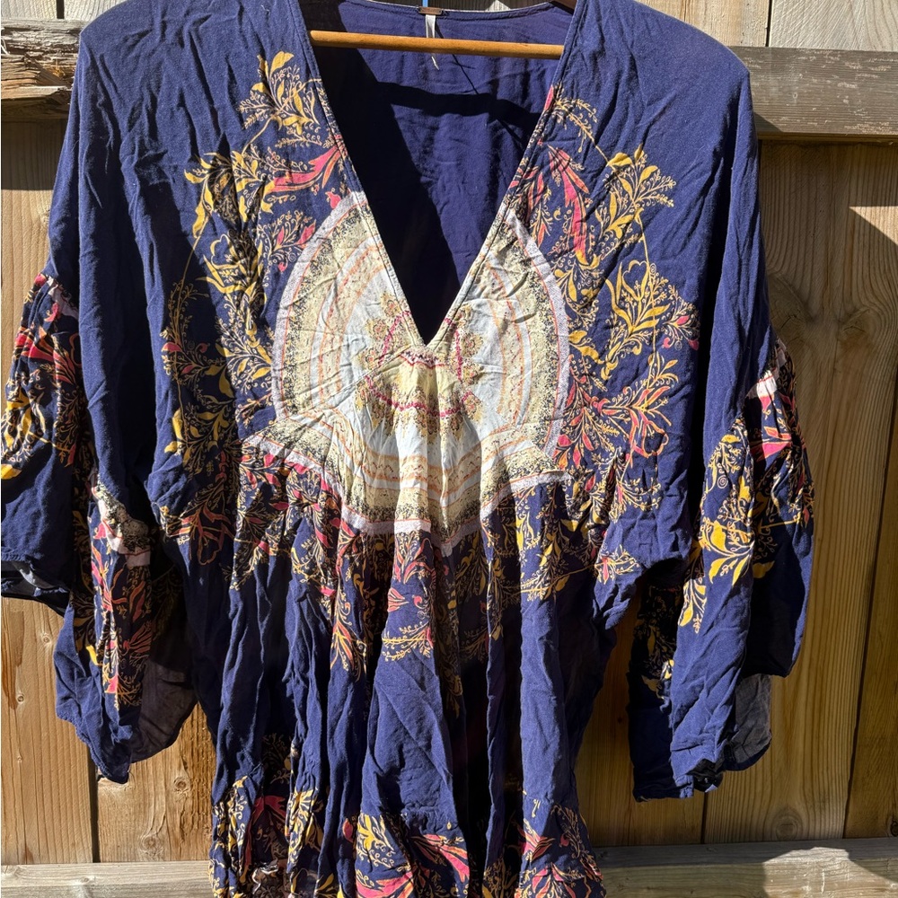 Free People Navy and Gold Floral Tunic